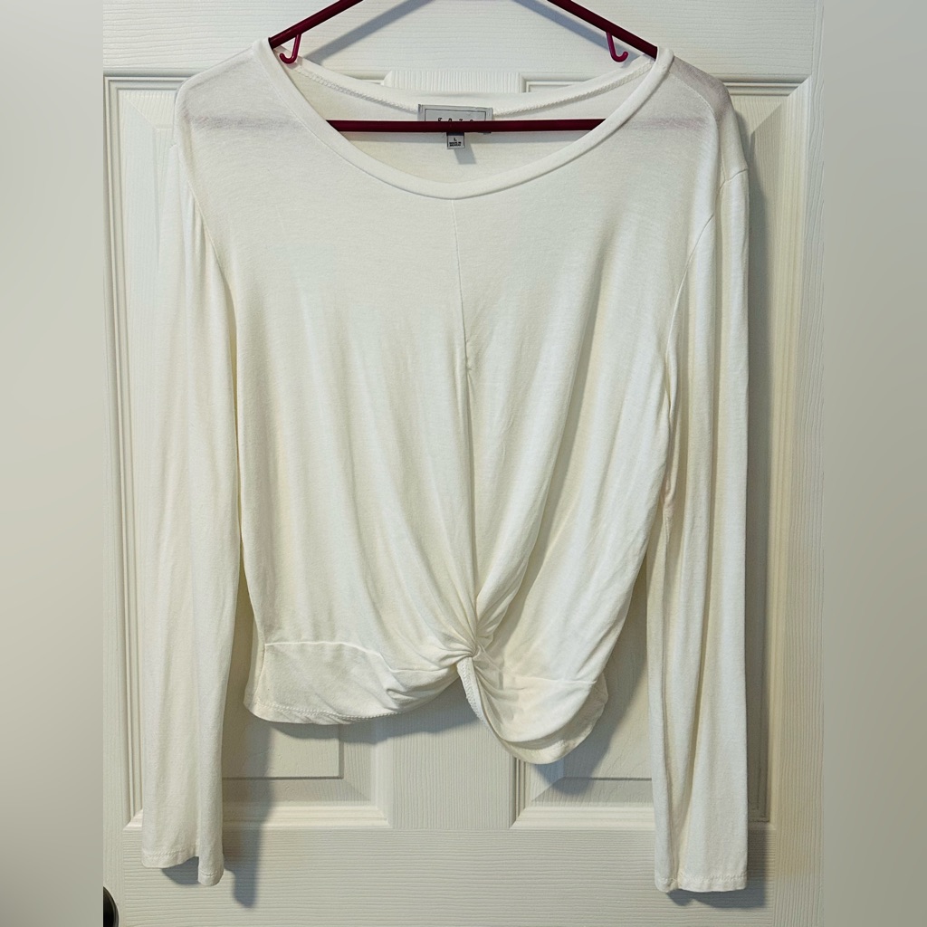 Gaze Top Women Large White Crop T-Shirt Long Sleeve Twist Waist